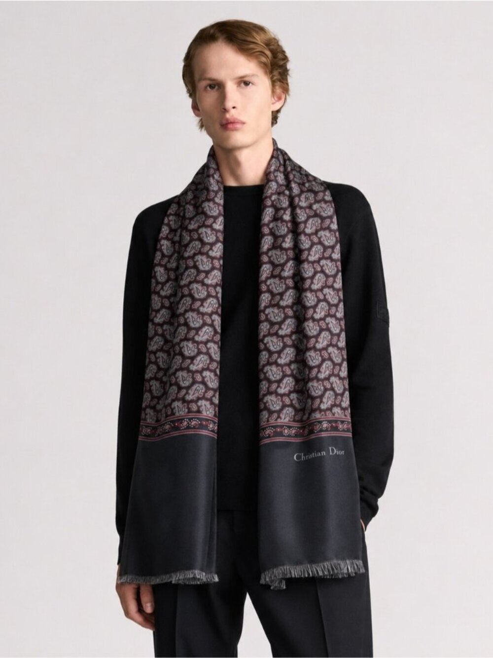 Rare Vintage Christian Dior Monsieur SILK Wool motif print navy dark Scarf 54”